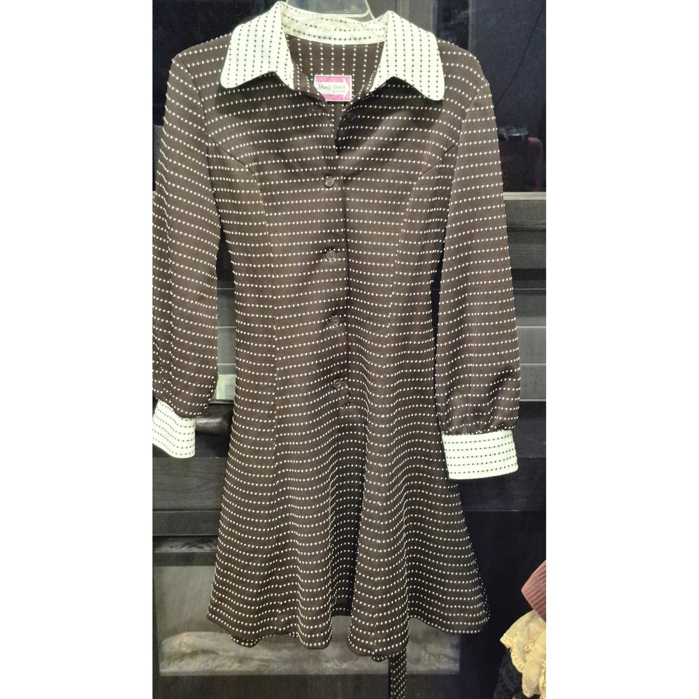 Vintage 70s Moody Street by Puritan Brown Dotted Mod Secretary Dress Belted - Picture 10 of 11